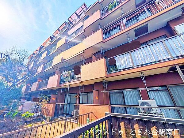 落ち着いた色合いの外観とバルコニーが連なる姿が特徴。敷地内はゆとりがあり、周囲との距離感も確保され、住環境として安定感があります。