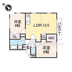 エステートピア学園前 2階2LDKの間取り