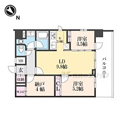 近鉄大阪線 長瀬駅 徒歩2分の賃貸マンション 9階3LDKの間取り