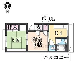 サニーハイツ 2階2Kの間取り