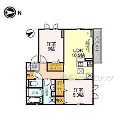 近鉄奈良線 富雄駅 徒歩4分の賃貸アパート 1階2LDKの間取り