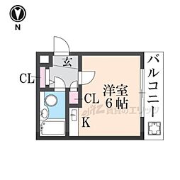 ドリーム東生駒 1階ワンルームの間取り