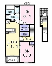 近鉄山田線 松阪駅 徒歩25分の賃貸アパート 2階2LDKの間取り