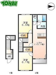 JR紀勢本線 六軒駅 徒歩19分の賃貸アパート 2階2LDKの間取り
