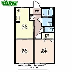 グランデール泉D 2階2DKの間取り