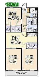 ファミリータウンむらた 4階3DKの間取り