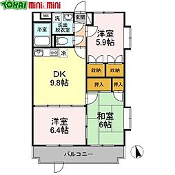 サンライズ駅部田 3階3DKの間取り