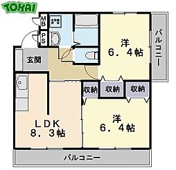 メルベーユ 1階2LDKの間取り