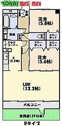 風の杜北館 3階2LDKの間取り