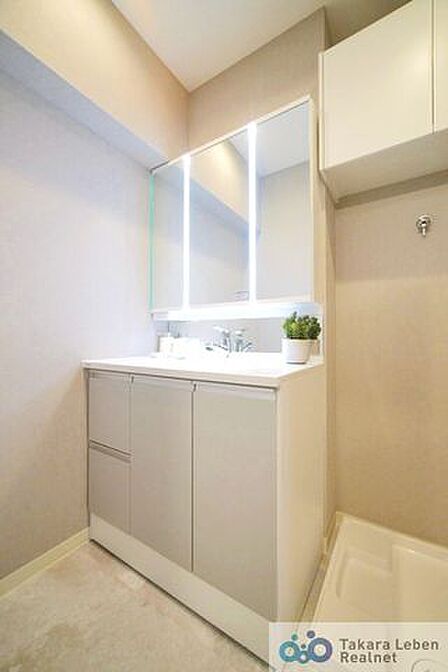 気持ちの良い朝はキレイな洗面所から。鏡裏の収納でモノが出がちな洗面所もスッキリ片付きます。