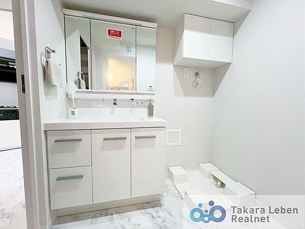 ゆとりを感じる洗面室は、ご家族で使う時間帯にも重宝しそうな空間です。