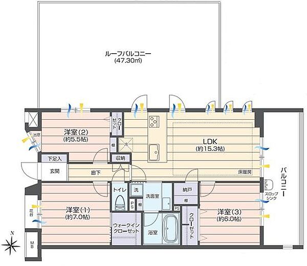2面バルコニーで明るく風通しの良い室内。全居室収納完備で室内の荷物もすっきり片付きます。
