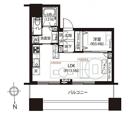 作業のしやすい壁付けタイプのシステムキッチン。各所に収納を設けており荷物が多い方も安心です。