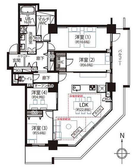 28階高層、朝日が入る南東角部屋の4LDK。室内からも見晴らしの良い、開放感のある住空間です。