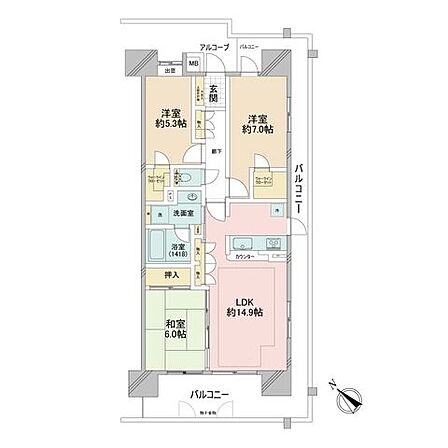 9階部分の3LDK。リバーサイドビューの見晴らし良い眺望、陽当たり良く開放感のある3方角部屋です。