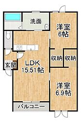 仮）西13南13丁目マンション 2階2LDKの間取り