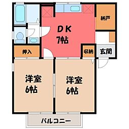 セジュール赤城 2階2DKの間取り