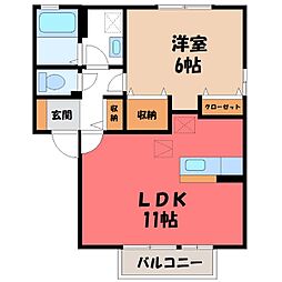 リュエル B 2階1LDKの間取り