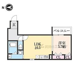 フジパレス上神田III番館 2階1LDKの間取り