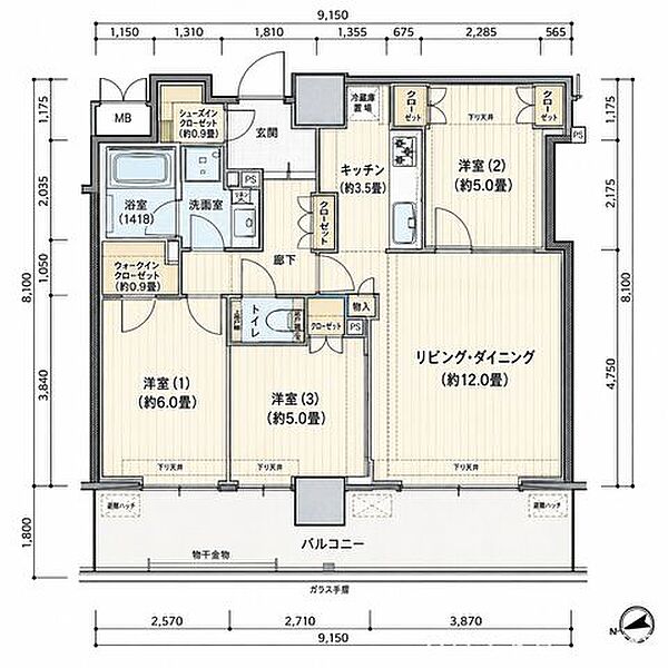 6階・西向き、専有面積71.11m2（壁芯）の3LDK