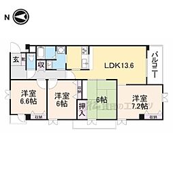 近鉄奈良線 富雄駅 徒歩3分の賃貸マンション 2階4LDKの間取り