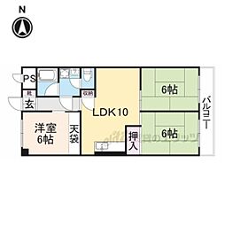 近鉄生駒線 南生駒駅 徒歩6分の賃貸マンション 2階3LDKの間取り