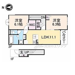 グランド萩ヶ丘I 2階2LDKの間取り