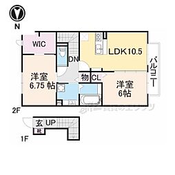 近鉄橿原線 九条駅 徒歩15分の賃貸アパート 1階2LDKの間取り