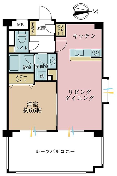 1LDK、専有面積44.14m2、バルコニー面積14.88m2