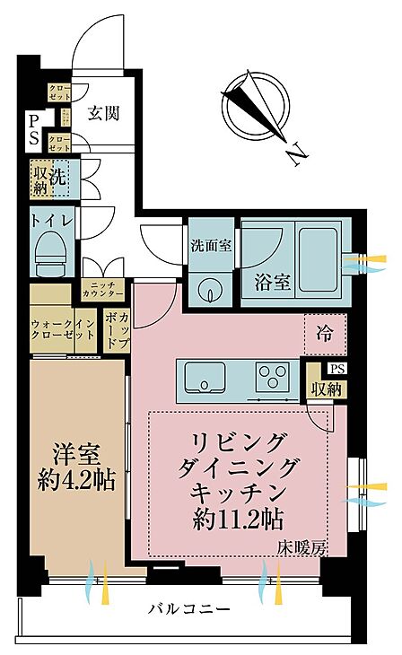 1LDK、専有面積40.74m2、バルコニー面積6.38m2