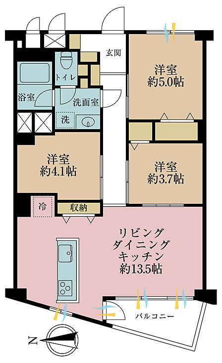 3LDK、専有面積64.62m2、バルコニー面積10.02m2