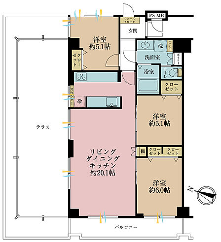 3LDK、専有面積76.31m2、バルコニー面積9.37m2