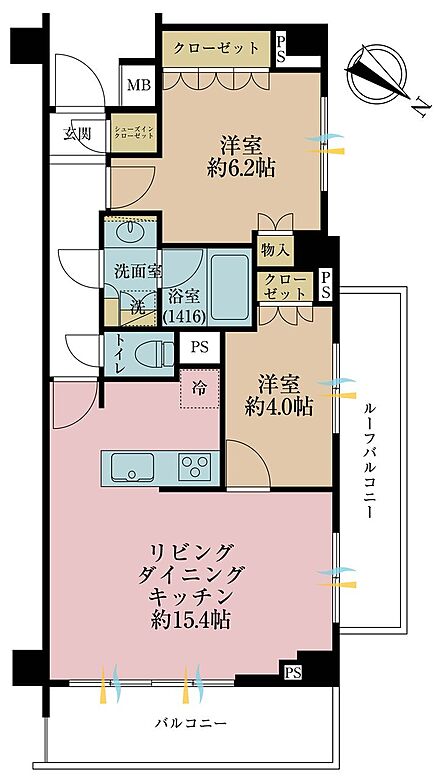 2LDK、専有面積58.7m2、バルコニー面積7.87m2
