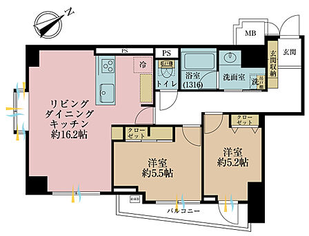 2LDK、専有面積64.55m2、バルコニー面積5.16m2
