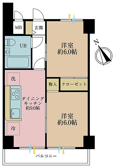 2LDK、専有面積45.1m2、バルコニー面積6.87m2