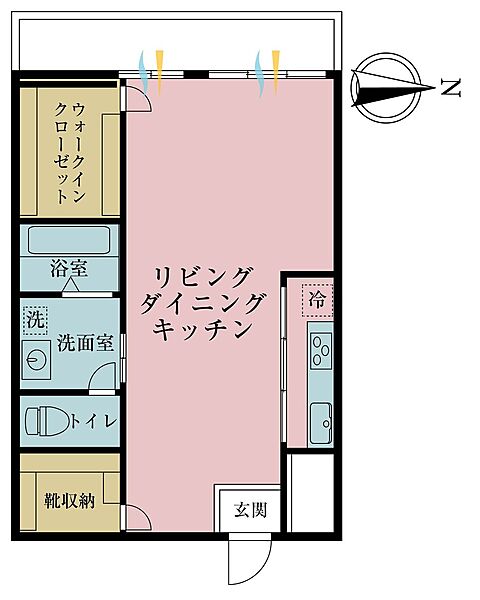 1K、専有面積41.58m2、バルコニー面積8m2