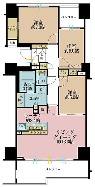 3LDK、専有面積77.02m2、バルコニー面積15.03m2