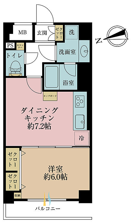 1DK、専有面積35.49m2、バルコニー面積4.62m2