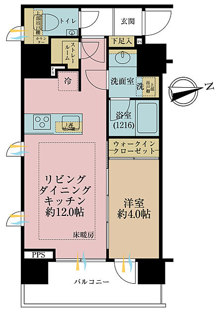 1LDK、専有面積40.63m2、バルコニー面積7.6m2