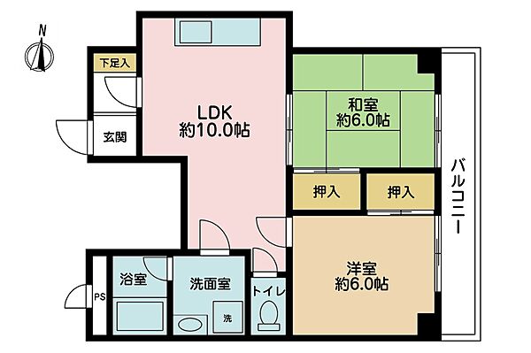 2LDK、専有面積44.81m2、バルコニー面積5.4m2