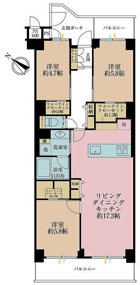 3LDK、専有面積77.12m2、バルコニー面積11.45m2