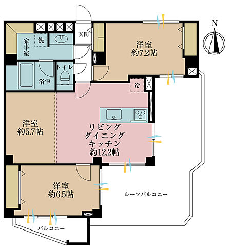 3LDK、専有面積73.53m2、バルコニー面積24.94m2
