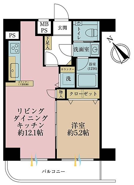 1LDK、専有面積42.12m2、バルコニー面積6.23m2