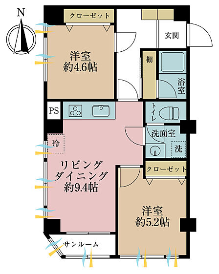 2LDK、専有面積54.01m2