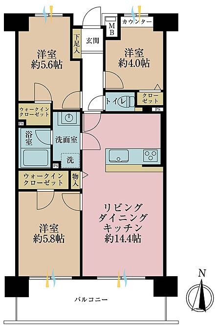 3LDK、専有面積65.25m2、バルコニー面積10.98m2