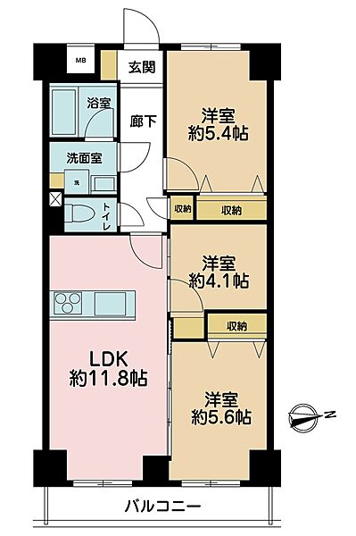 3LDK、専有面積61.88m2、バルコニー面積5.6m2