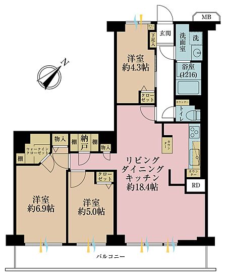 3LDK、専有面積76.72m2、バルコニー面積12.35m2