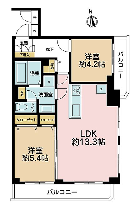 2LDK、専有面積57.9m2、バルコニー面積10.94m2