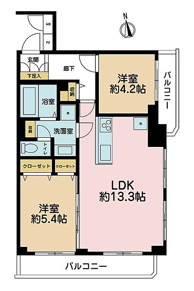 2LDK、専有面積57.9m2、バルコニー面積10.94m2