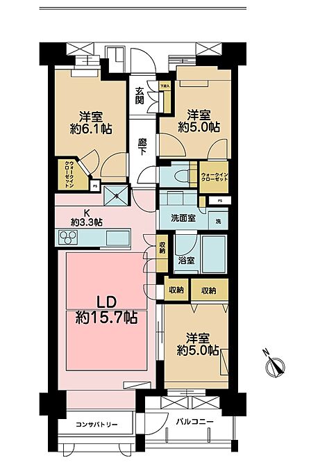 3LDK、専有面積76.1m2